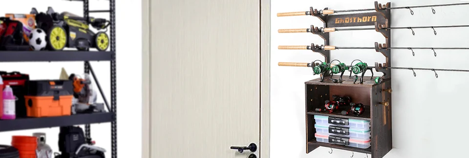 Wall-mounted Ghosthorn storage with rods and tackle.