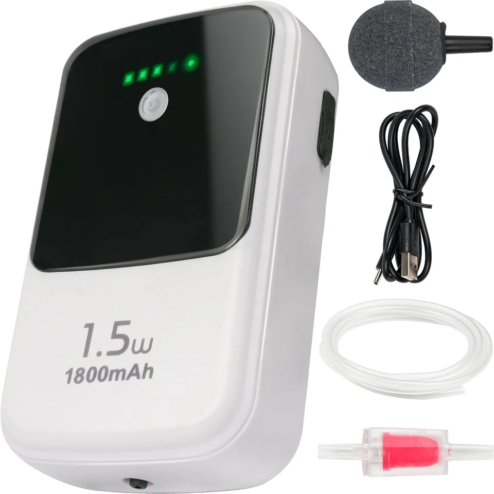 Rechargeable bait aerator — USB-C charging · hose and air stone